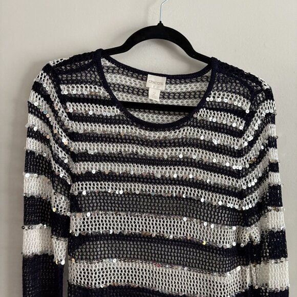 Chicos Wmn 2/L Navy Blue/White Silver Sequin Open Knit Pullover Tunic Sweater - Picture 4 of 7